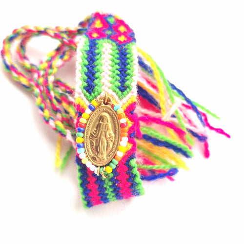 pulsera-Virgen -Milagrosa-baño oro-bolitas-hilos-lana- colores -joyería-bisutería-religiosa-cristiana-católica-paloma-espíritu santo-Ocean Su