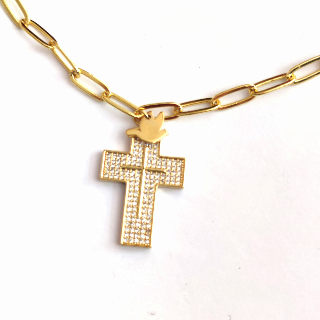 colgante-cruz-brillantes-cadena-eslabones-baño-oro -joyería-bisutería-religiosa-cristiana-católica-paloma-espíritu santo-Ocean Su