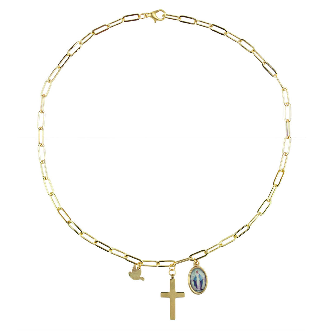  Colgante con medalla- cadena - eslabones - acero - baño - oro -cruz - paloma Ocean Su- medalla- ovalada - esmaltada  -Joyería - bisutería - religiosa - cristiana - católica - paloma -  espíritu santo - Ocean Su