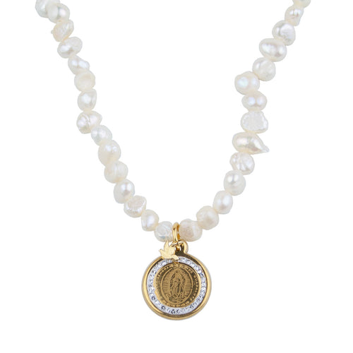 colgante - perlas - medalla -dorada - virgen de Guadalupe - brillantes - Ocean Su - joyas -  religiosas - cristianas - católicas - paloma -espíritu santo